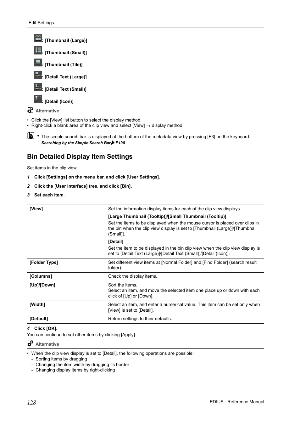 Bin detailed display item settings, P128 | Grass Valley EDIUS Pro v.7.20 User Manual | Page 150 / 520