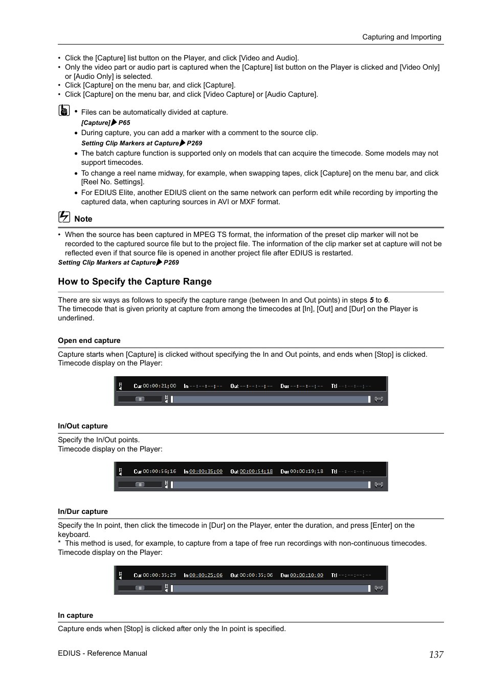 How to specify the capture range, P137 | Grass Valley EDIUS Pro v.7.20 User Manual | Page 159 / 520