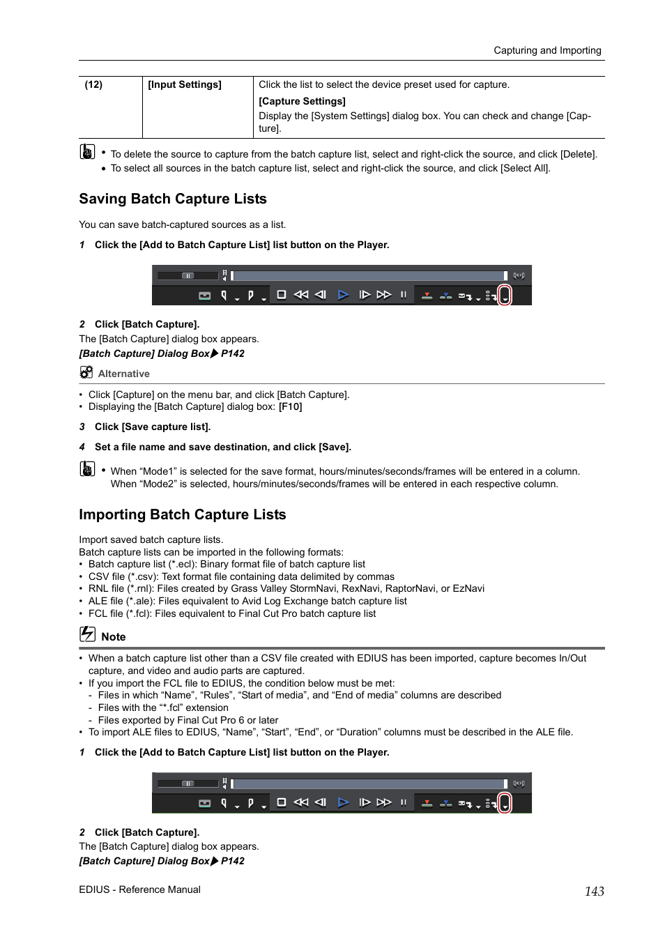 Saving batch capture lists, Importing batch capture lists | Grass Valley EDIUS Pro v.7.20 User Manual | Page 165 / 520