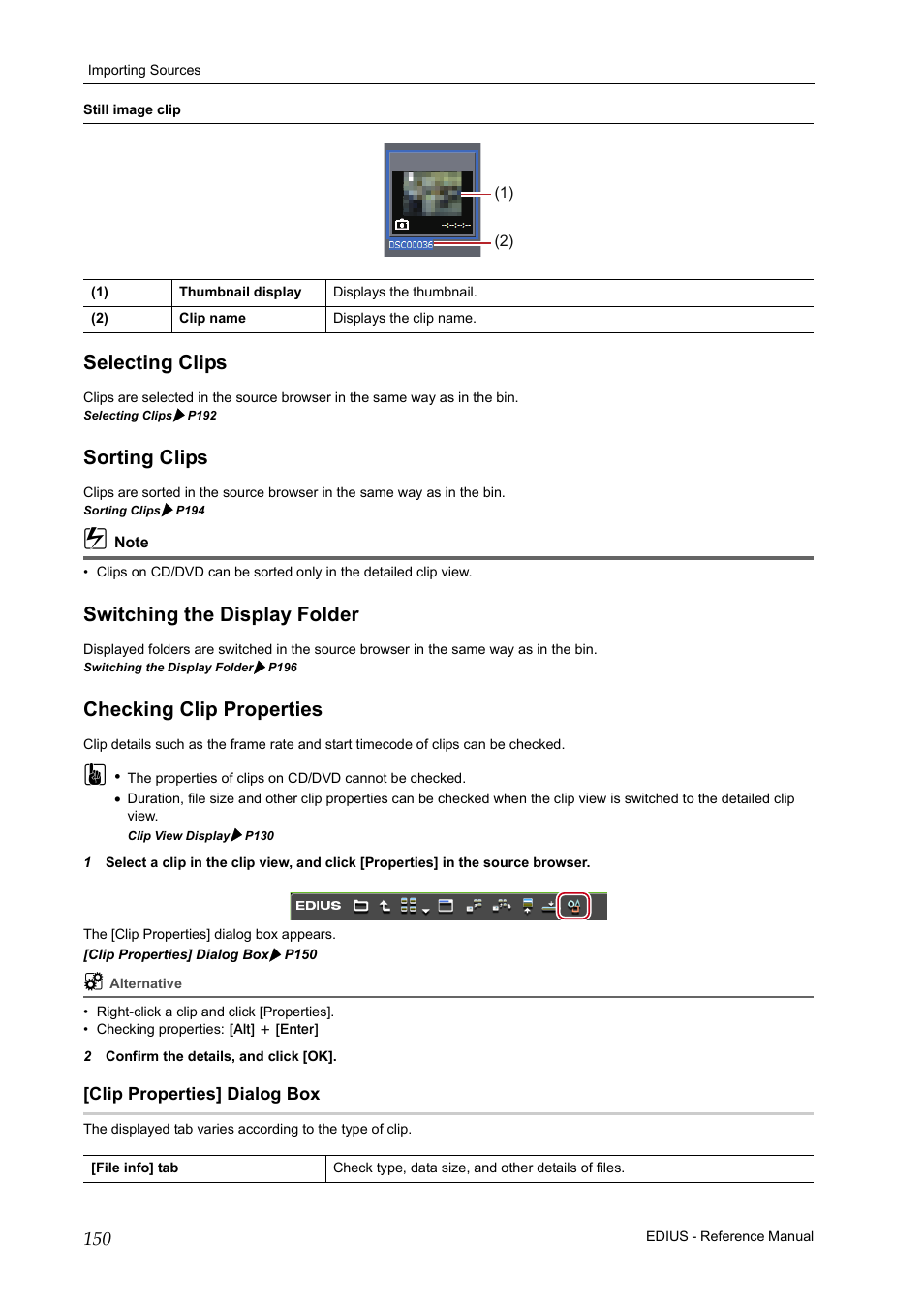 Selecting clips, Sorting clips, Switching the display folder | Checking clip properties, Clip properties] dialog box | Grass Valley EDIUS Pro v.7.20 User Manual | Page 172 / 520