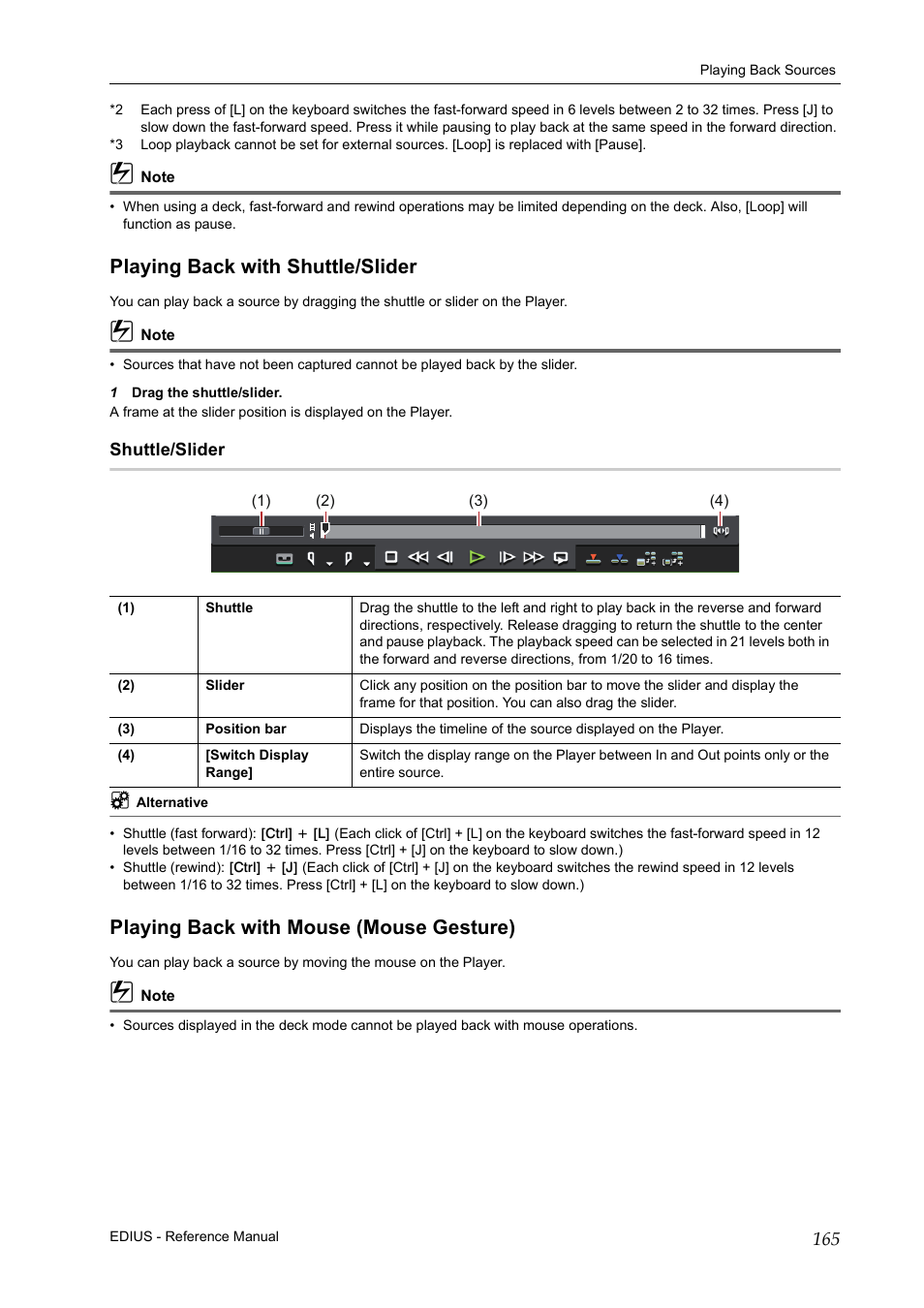 Playing back with shuttle/slider, Shuttle/slider, Playing back with mouse (mouse gesture) | Grass Valley EDIUS Pro v.7.20 User Manual | Page 187 / 520