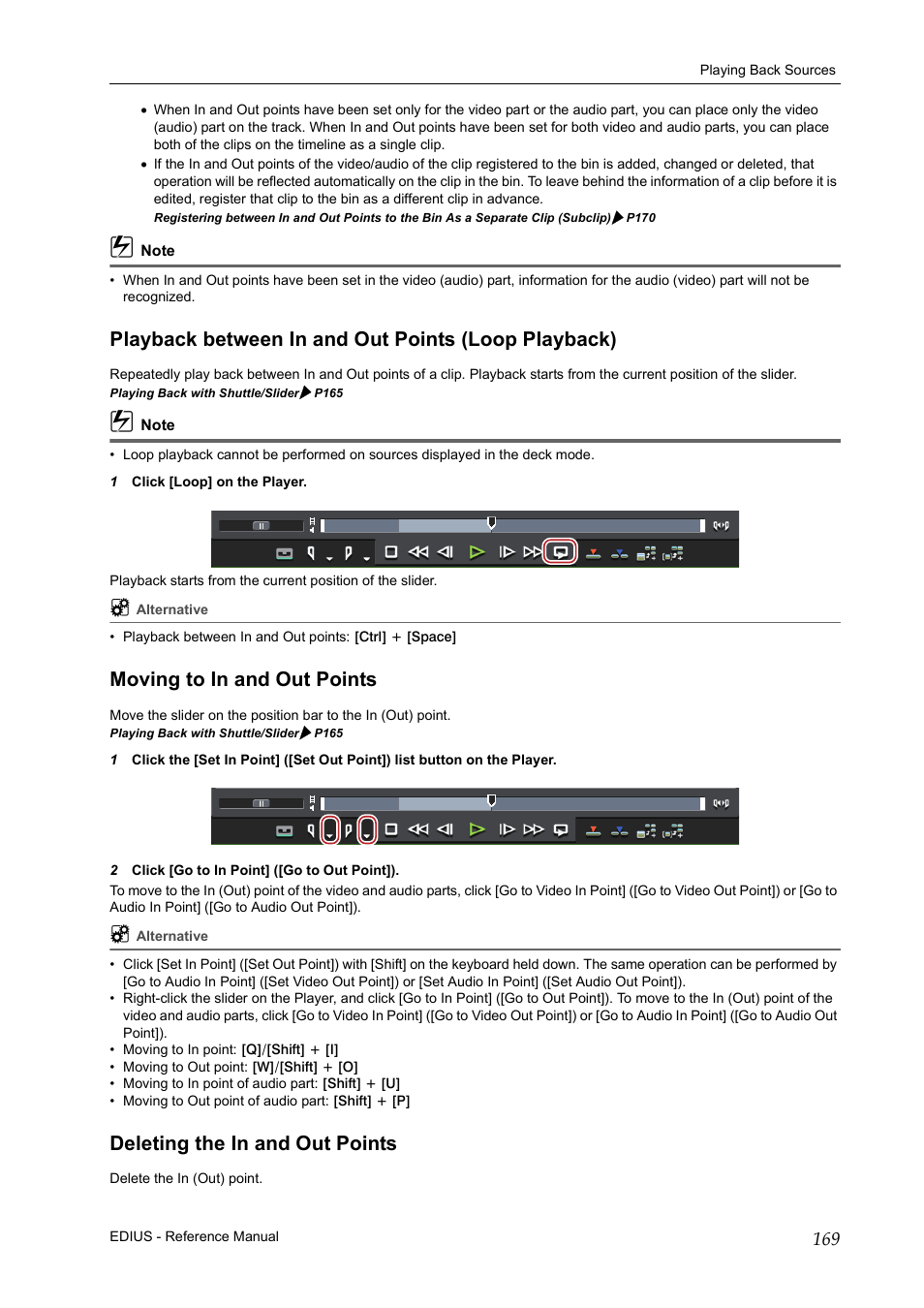 Playback between in and out points (loop playback), Moving to in and out points, Deleting the in and out points | Grass Valley EDIUS Pro v.7.20 User Manual | Page 191 / 520
