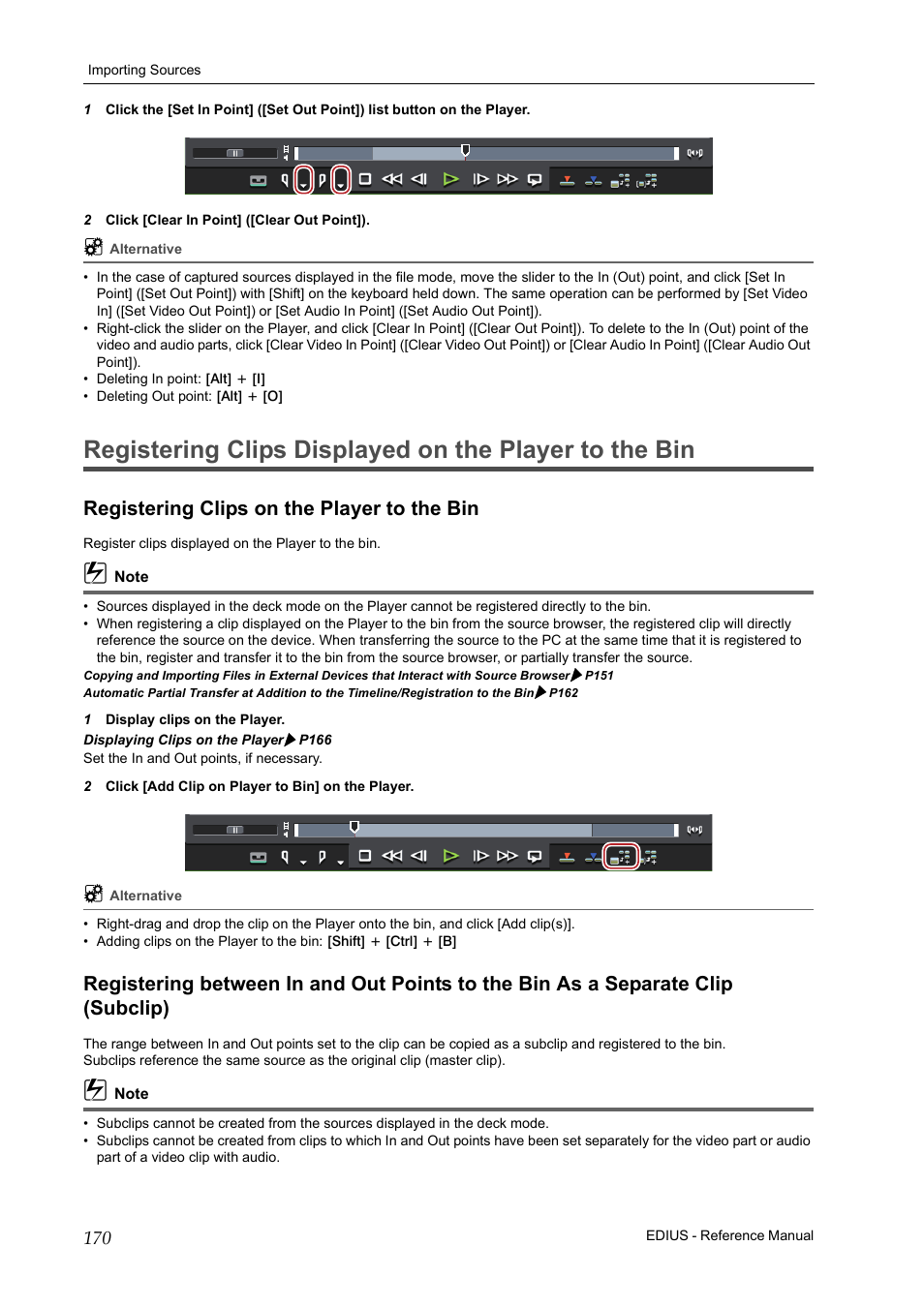Registering clips on the player to the bin, P170 | Grass Valley EDIUS Pro v.7.20 User Manual | Page 192 / 520