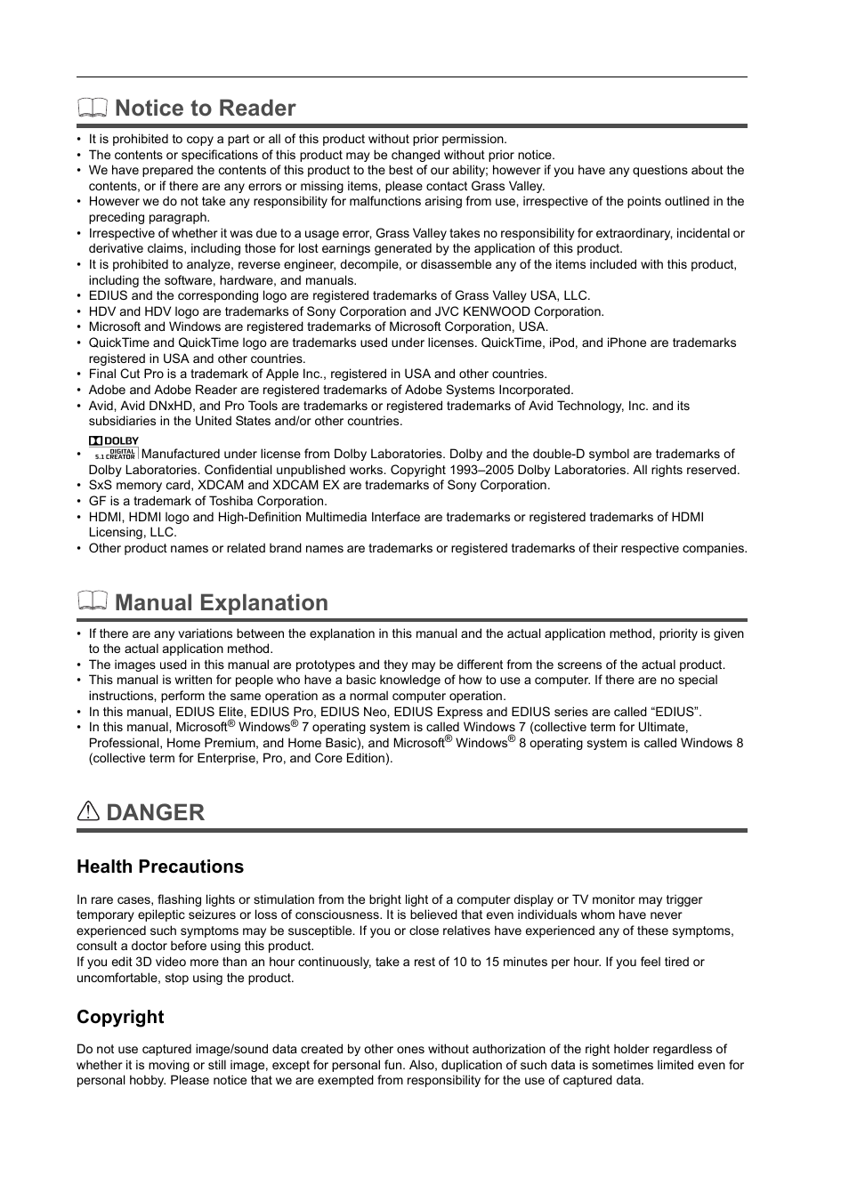 Notice to reader, Manual explanation, Danger | Health precautions, Copyright | Grass Valley EDIUS Pro v.7.20 User Manual | Page 2 / 520