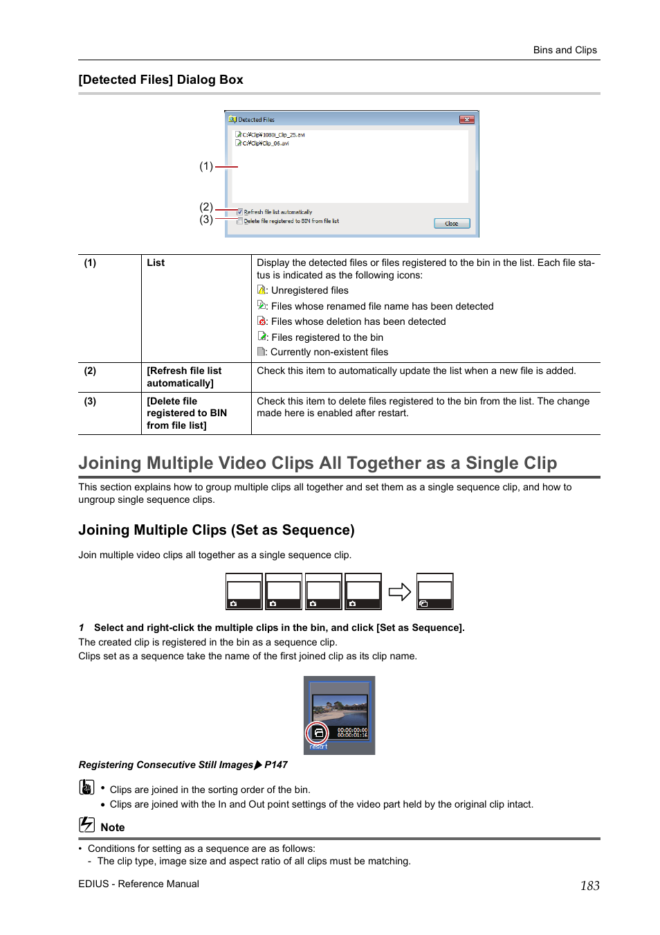 Detected files] dialog box, Joining multiple clips (set as sequence), P183 | Grass Valley EDIUS Pro v.7.20 User Manual | Page 205 / 520