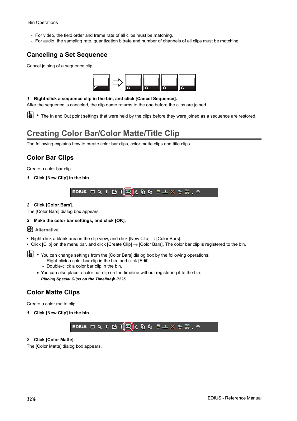 Canceling a set sequence, Creating color bar/color matte/title clip, Color bar clips | Color matte clips, Color bar clips color matte clips, P184 | Grass Valley EDIUS Pro v.7.20 User Manual | Page 206 / 520
