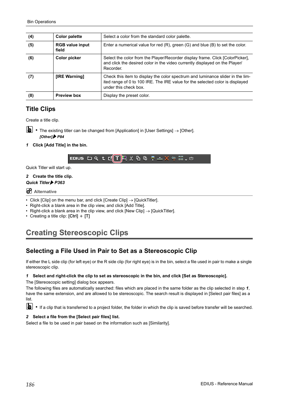 Title clips, Creating stereoscopic clips | Grass Valley EDIUS Pro v.7.20 User Manual | Page 208 / 520