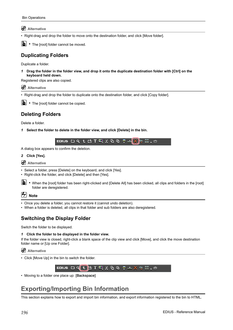 Duplicating folders, Deleting folders, Switching the display folder | Exporting/importing bin information, P196 | Grass Valley EDIUS Pro v.7.20 User Manual | Page 218 / 520