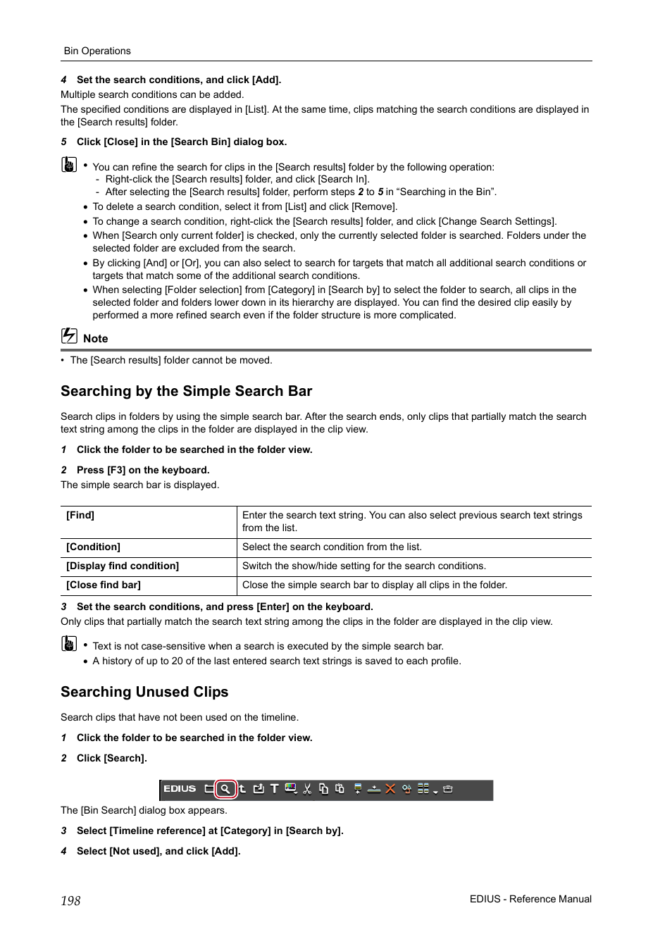 Searching by the simple search bar, Searching unused clips, P198 | Grass Valley EDIUS Pro v.7.20 User Manual | Page 220 / 520