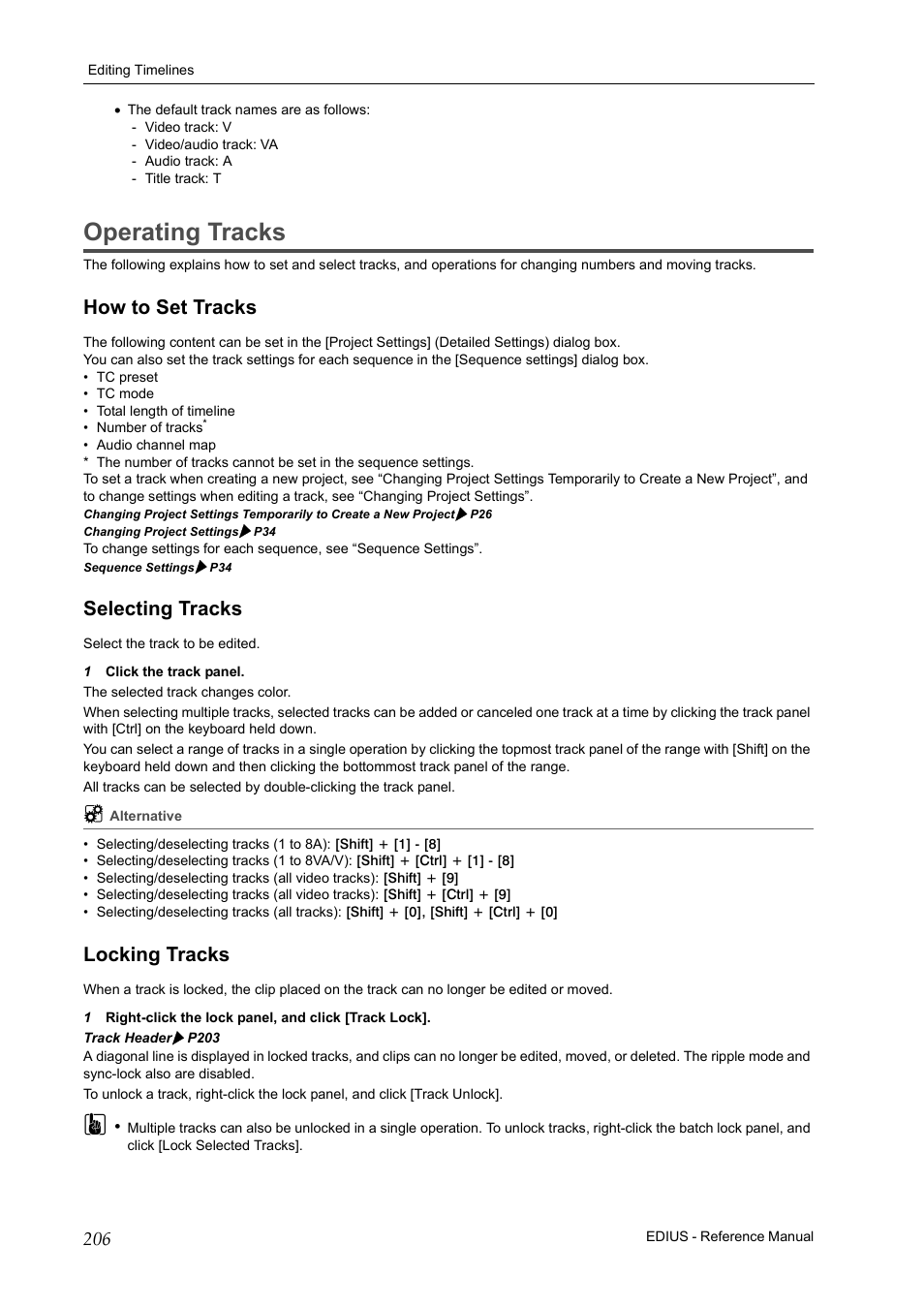 Operating tracks, How to set tracks, Selecting tracks | Locking tracks, How to set tracks selecting tracks locking tracks, P206 | Grass Valley EDIUS Pro v.7.20 User Manual | Page 228 / 520