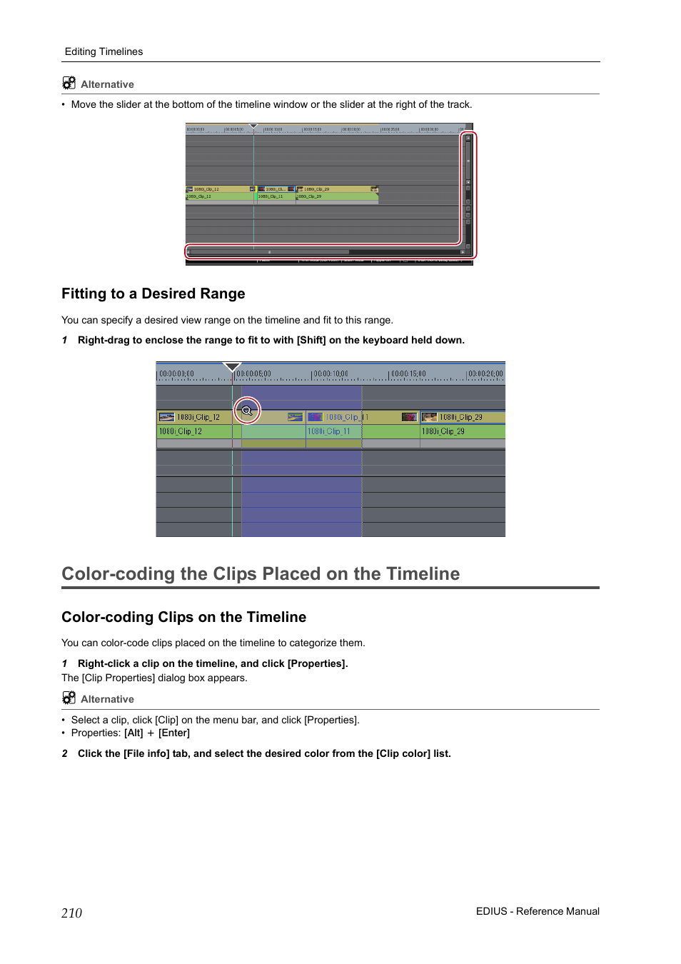 Fitting to a desired range, Color-coding the clips placed on the timeline, Color-coding clips on the timeline | P210 | Grass Valley EDIUS Pro v.7.20 User Manual | Page 232 / 520