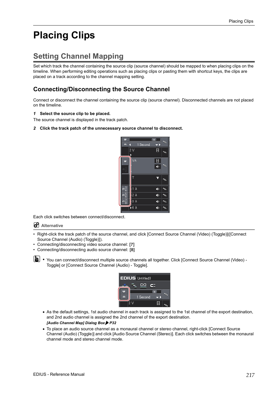 Placing clips, Setting channel mapping, Connecting/disconnecting the source channel | P217 | Grass Valley EDIUS Pro v.7.20 User Manual | Page 239 / 520