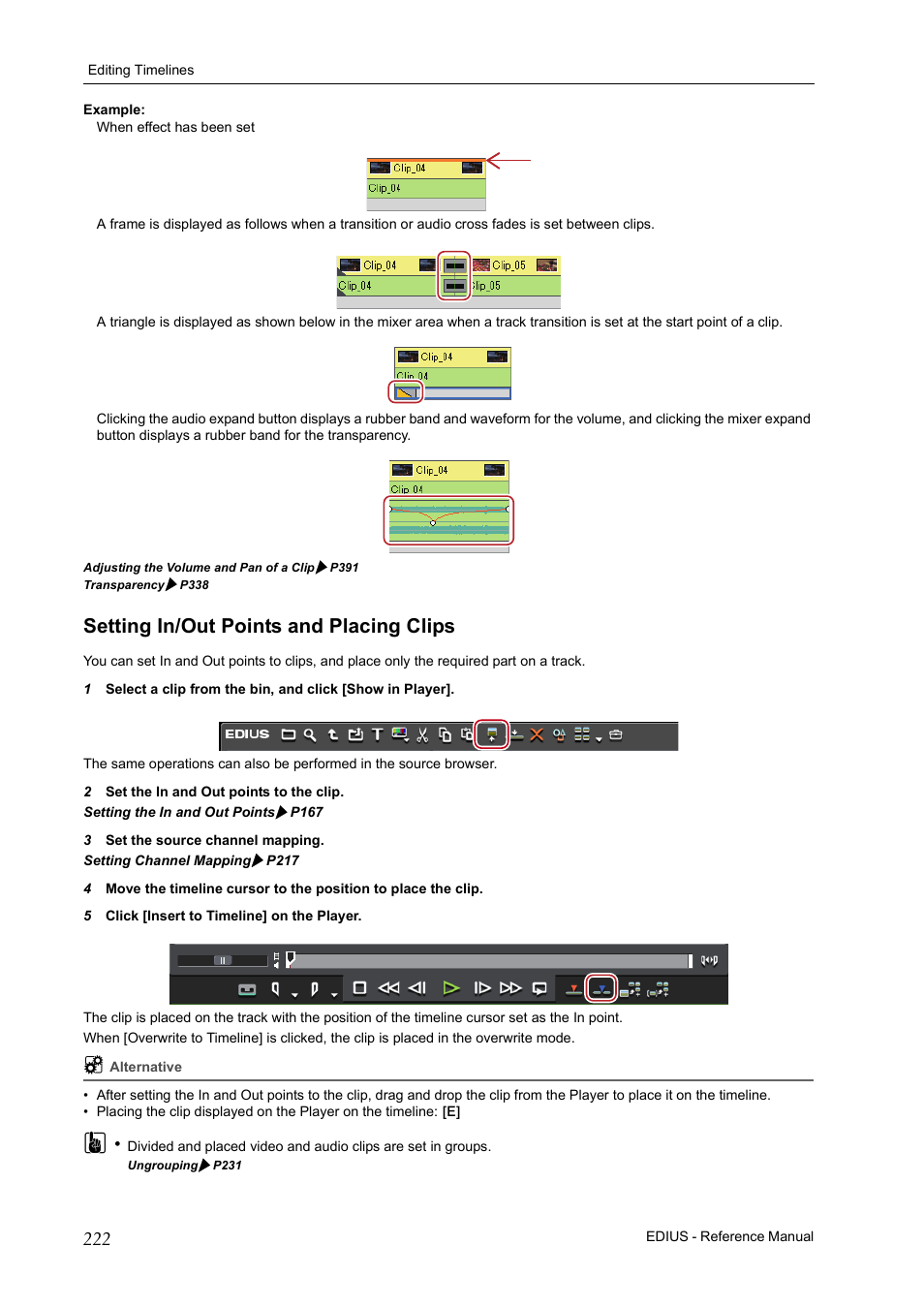 Setting in/out points and placing clips, P222 | Grass Valley EDIUS Pro v.7.20 User Manual | Page 244 / 520