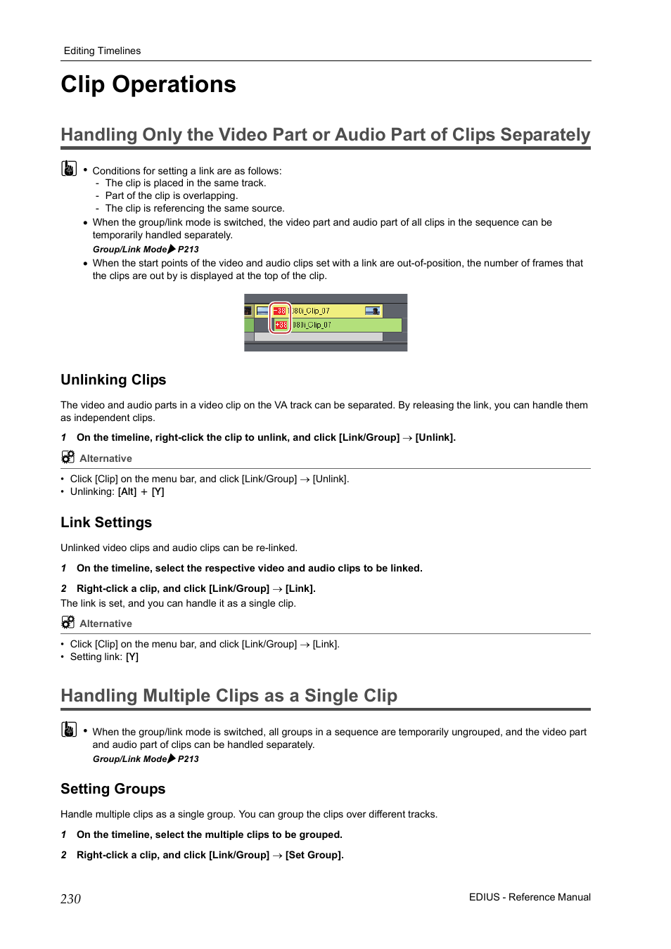 Clip operations, Unlinking clips, Link settings | Handling multiple clips as a single clip, Setting groups, Unlinking clips link settings, P230, Handling multiple clips as a single clip 3 | Grass Valley EDIUS Pro v.7.20 User Manual | Page 252 / 520