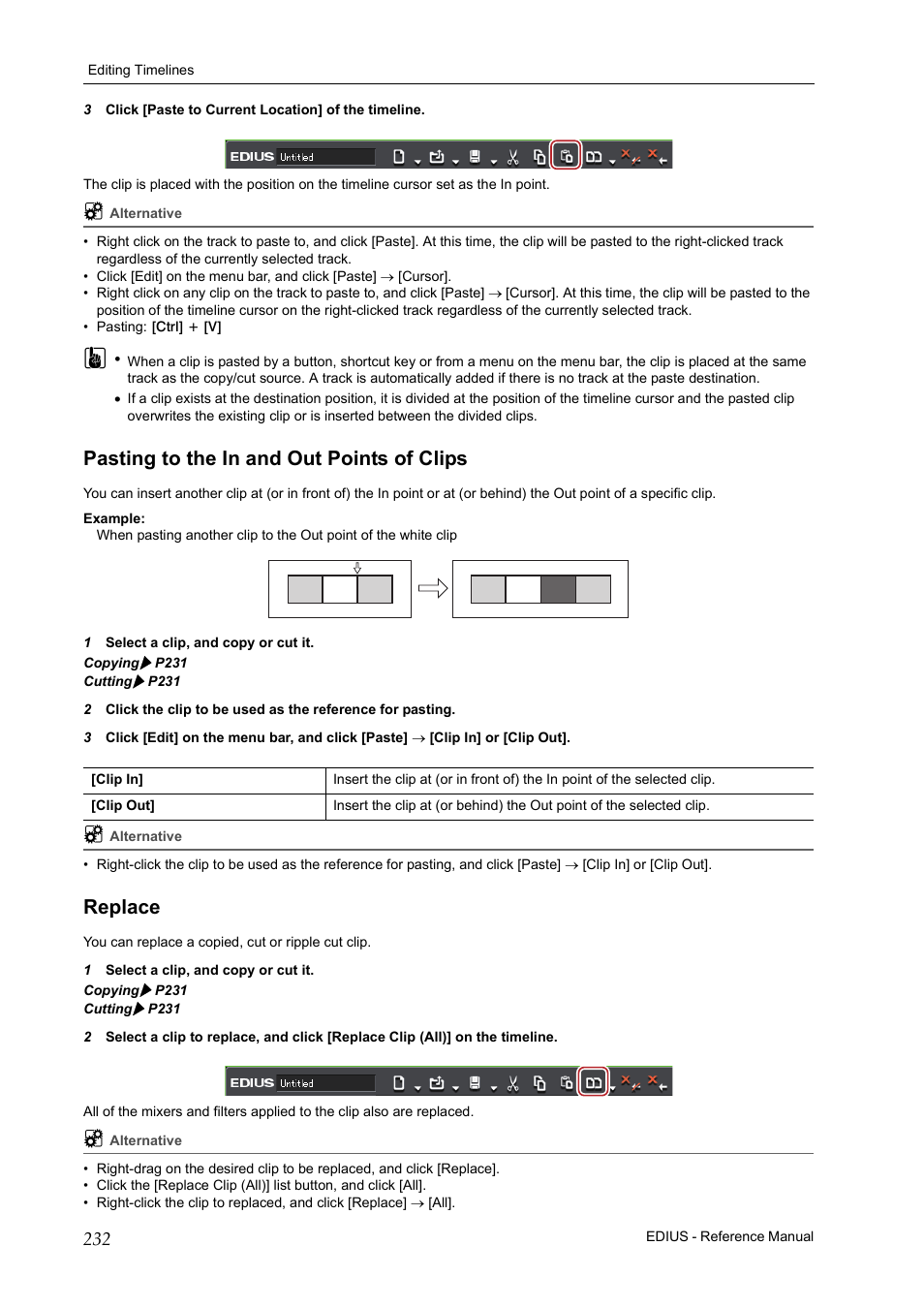 Pasting to the in and out points of clips, Replace, Pasting to the in and out points of clips replace | Grass Valley EDIUS Pro v.7.20 User Manual | Page 254 / 520