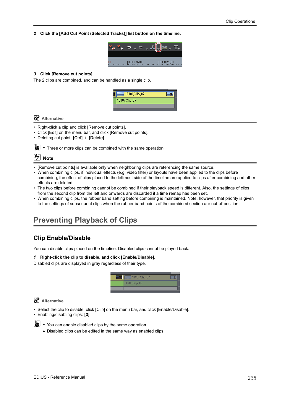Preventing playback of clips, Clip enable/disable, Prev | Grass Valley EDIUS Pro v.7.20 User Manual | Page 257 / 520