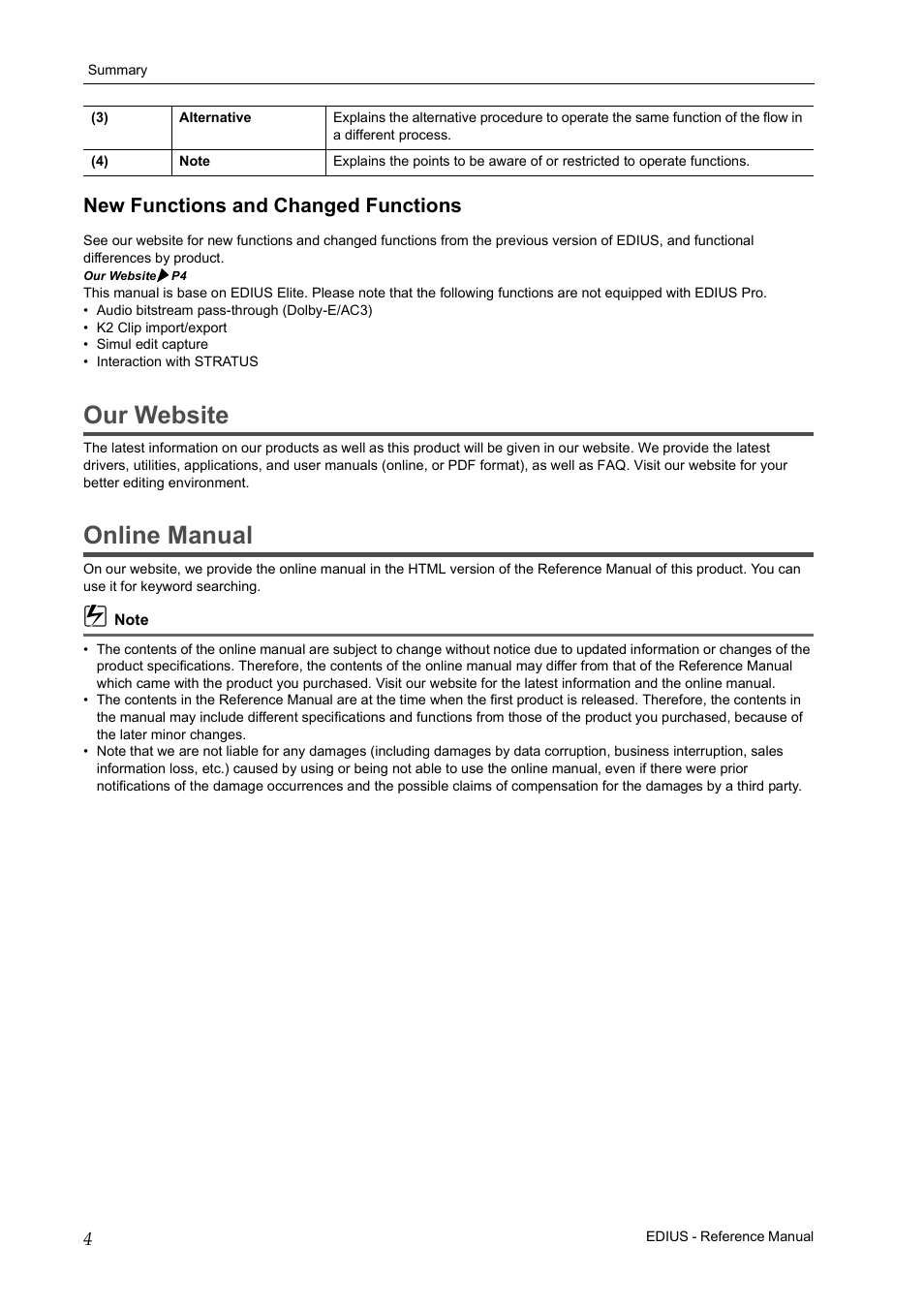 New functions and changed functions, Our website, Online manual | Grass Valley EDIUS Pro v.7.20 User Manual | Page 26 / 520