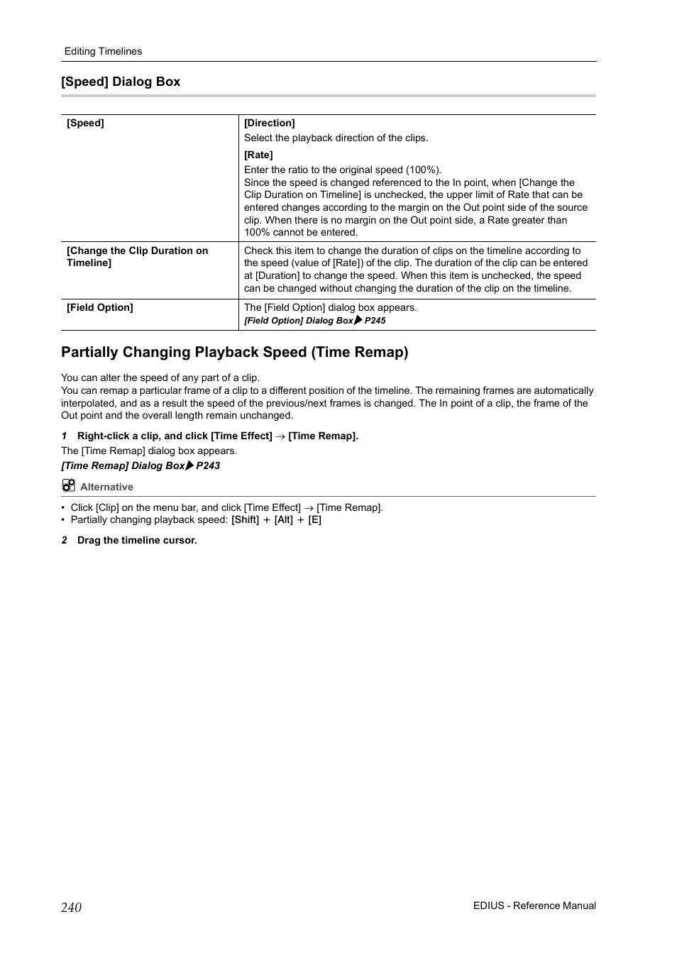 Speed] dialog box, Partially changing playback speed (time remap), P240 | Grass Valley EDIUS Pro v.7.20 User Manual | Page 262 / 520
