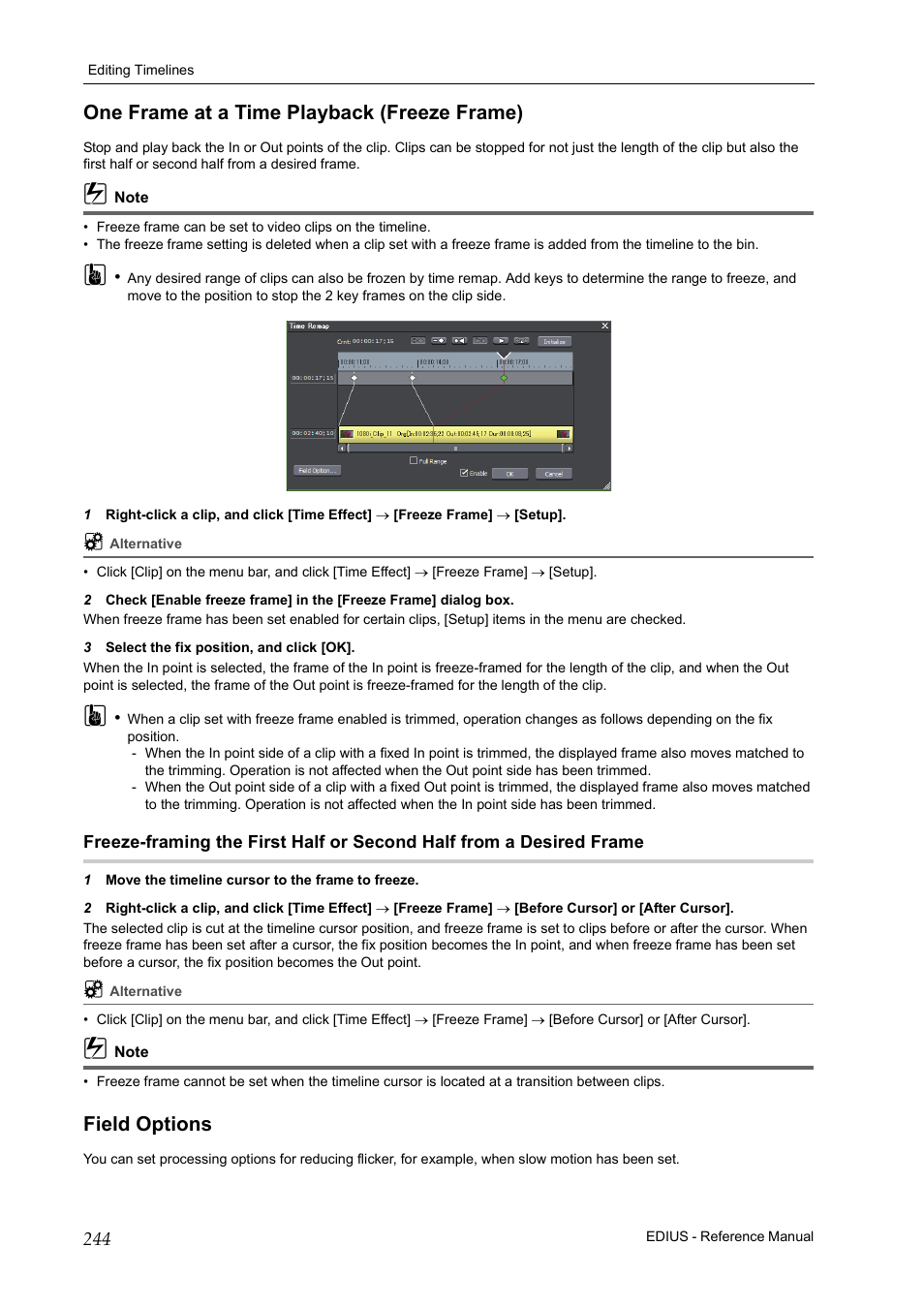 One frame at a time playback (freeze frame), Field options | Grass Valley EDIUS Pro v.7.20 User Manual | Page 266 / 520