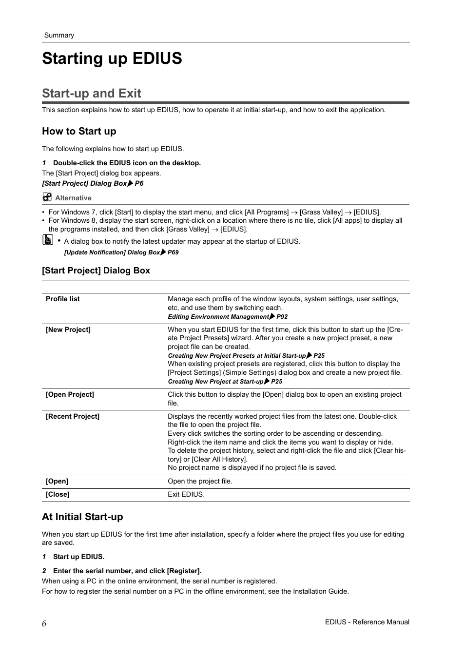Starting up edius, Start-up and exit, How to start up | Start project] dialog box, At initial start-up, How to start up at initial start-up | Grass Valley EDIUS Pro v.7.20 User Manual | Page 28 / 520