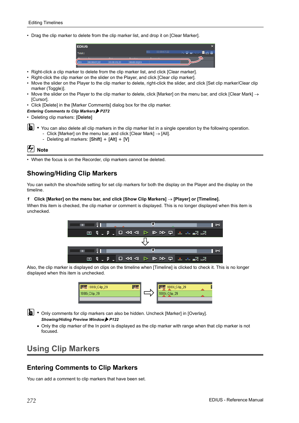 Showing/hiding clip markers, Using clip markers, Entering comments to clip markers | P272 | Grass Valley EDIUS Pro v.7.20 User Manual | Page 294 / 520