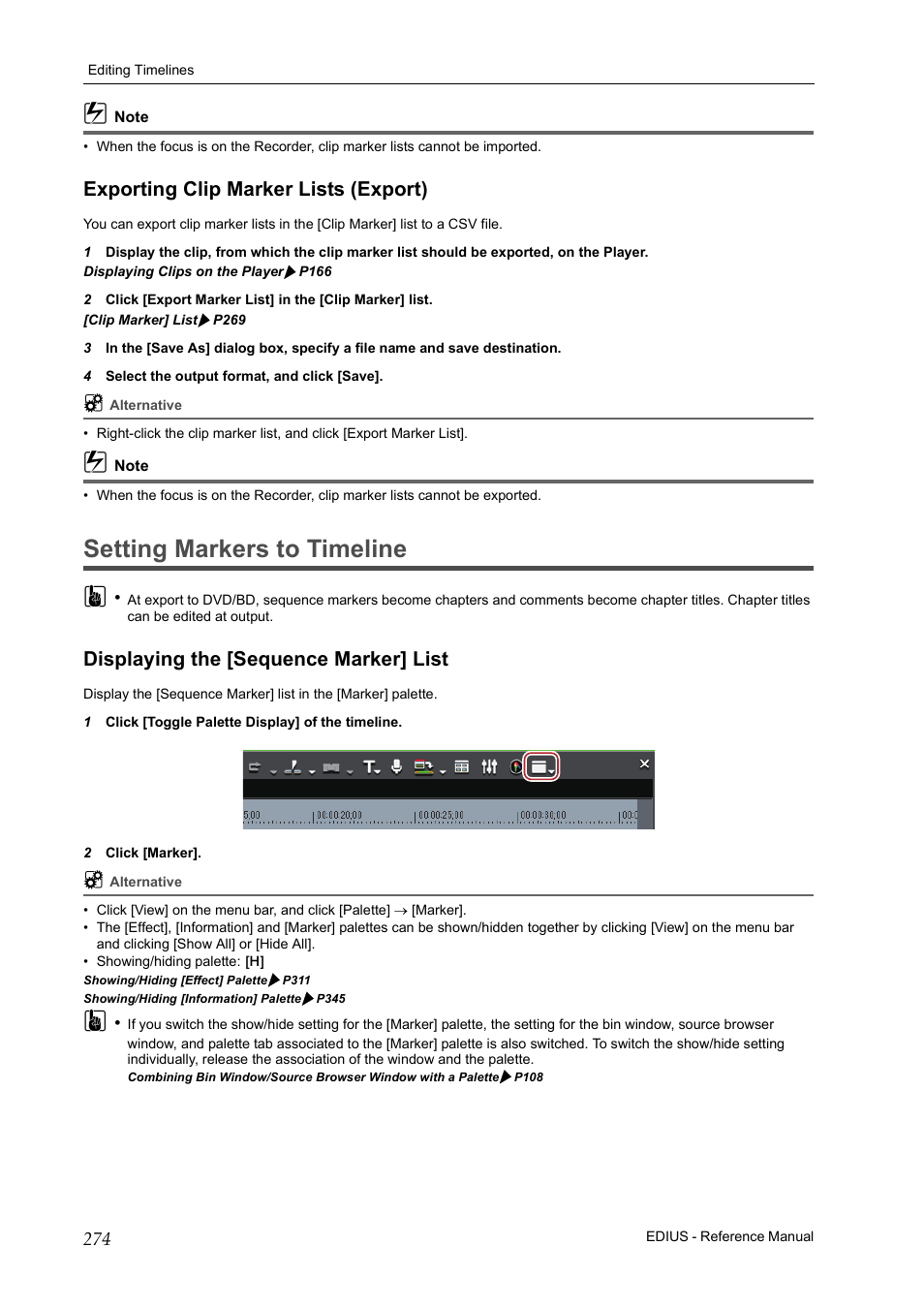 Exporting clip marker lists (export), Setting markers to timeline, Displaying the [sequence marker] list | P274, Setting markers to timeline 3 | Grass Valley EDIUS Pro v.7.20 User Manual | Page 296 / 520