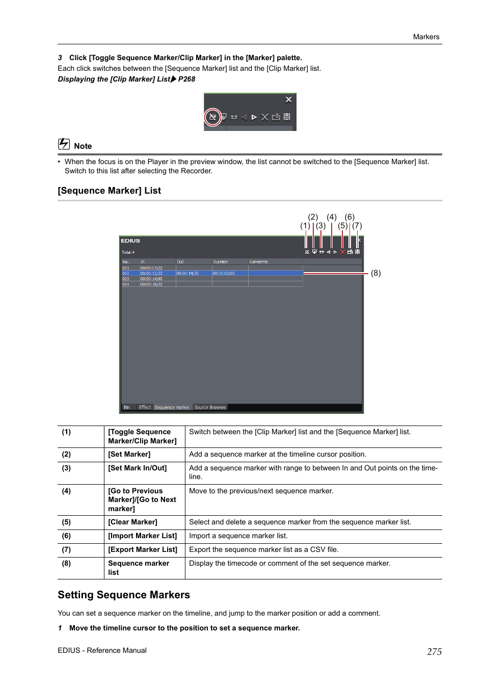 Sequence marker] list, Setting sequence markers, P275 | Grass Valley EDIUS Pro v.7.20 User Manual | Page 297 / 520