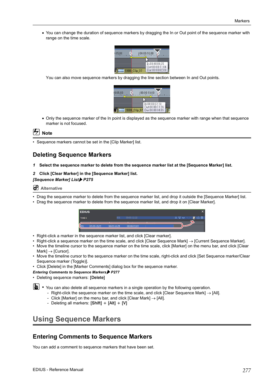 Deleting sequence markers, Using sequence markers, Entering comments to sequence markers | P277 | Grass Valley EDIUS Pro v.7.20 User Manual | Page 299 / 520