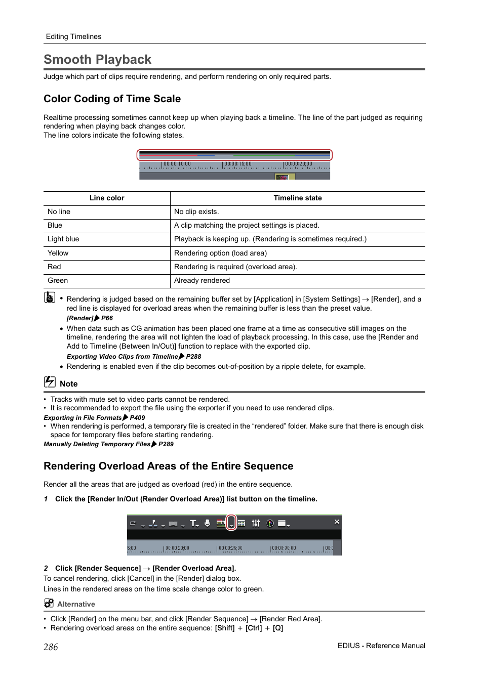 Smooth playback, Color coding of time scale, Rendering overload areas of the entire sequence | P286 | Grass Valley EDIUS Pro v.7.20 User Manual | Page 308 / 520