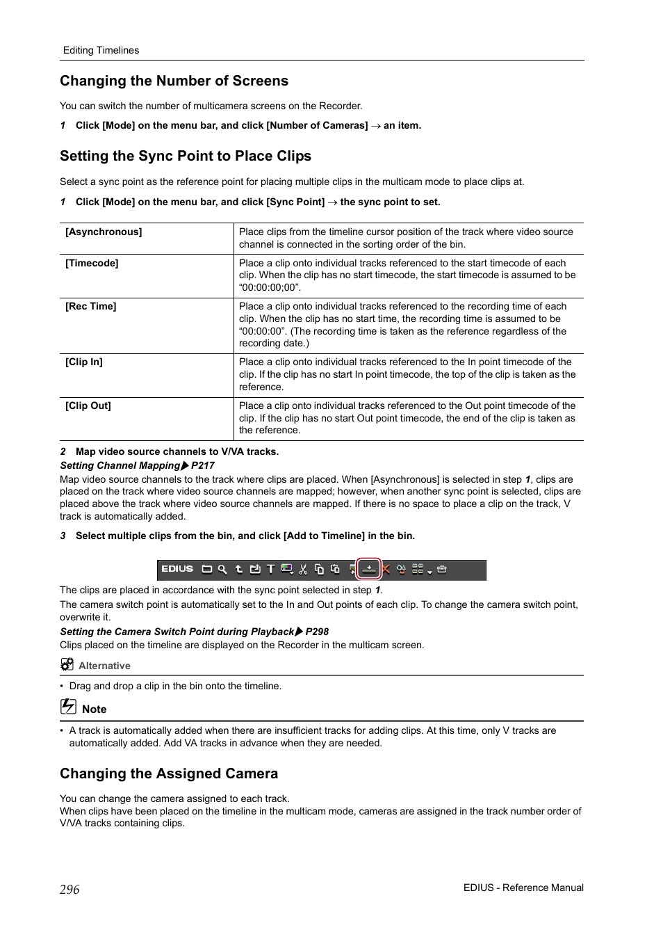 Changing the number of screens, Setting the sync point to place clips, Changing the assigned camera | Grass Valley EDIUS Pro v.7.20 User Manual | Page 318 / 520