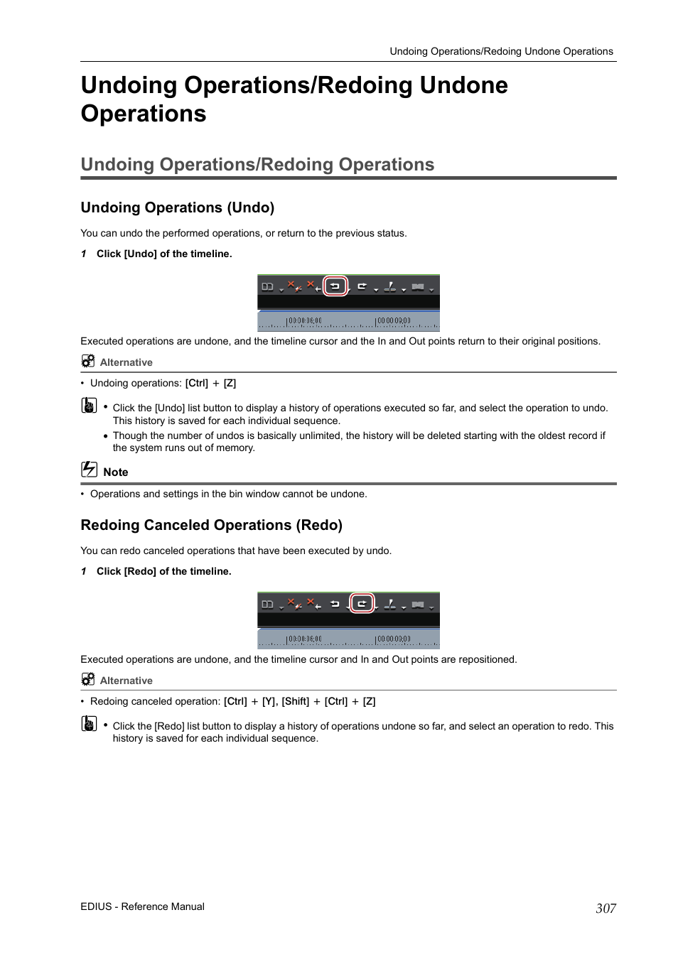Undoing operations/redoing undone operations, Undoing operations/redoing operations, Undoing operations (undo) | Redoing canceled operations (redo) | Grass Valley EDIUS Pro v.7.20 User Manual | Page 329 / 520