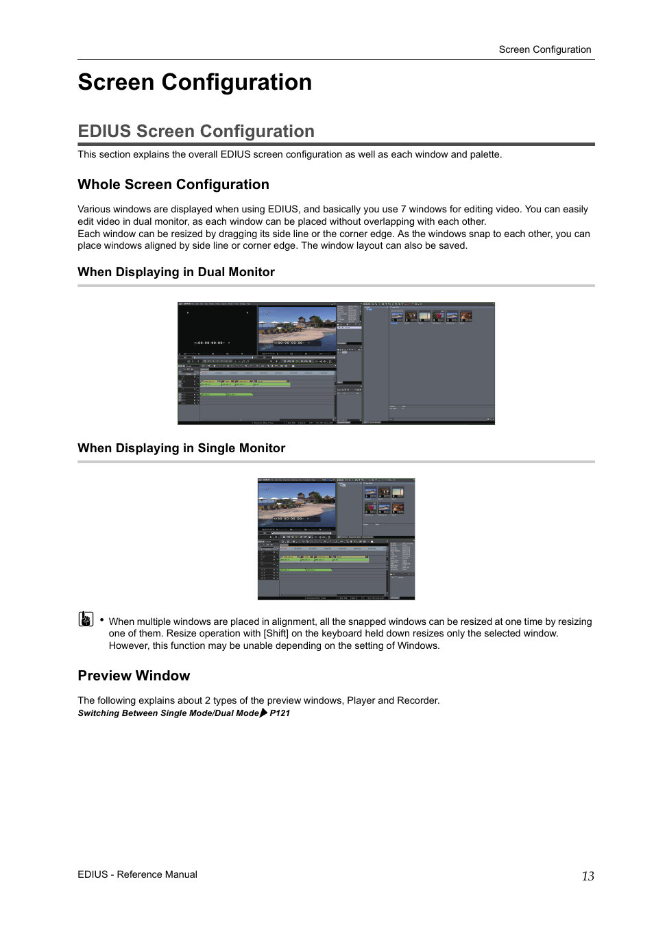 Screen configuration, Edius screen configuration, Whole screen configuration | When displaying in dual monitor, When displaying in single monitor, Preview window, Edius scr, Whole screen configuration preview window | Grass Valley EDIUS Pro v.7.20 User Manual | Page 35 / 520