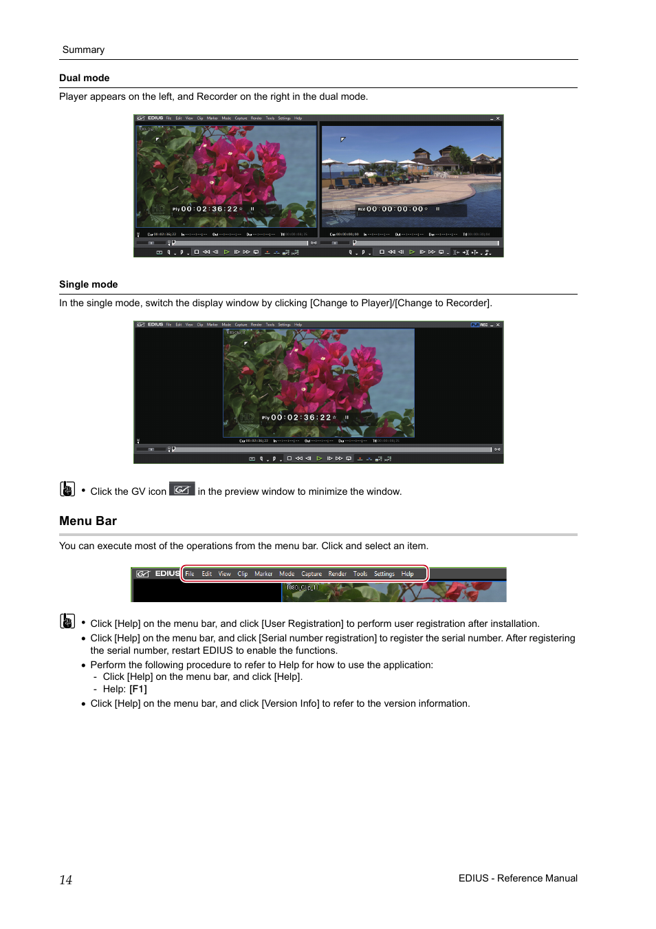 Menu bar | Grass Valley EDIUS Pro v.7.20 User Manual | Page 36 / 520