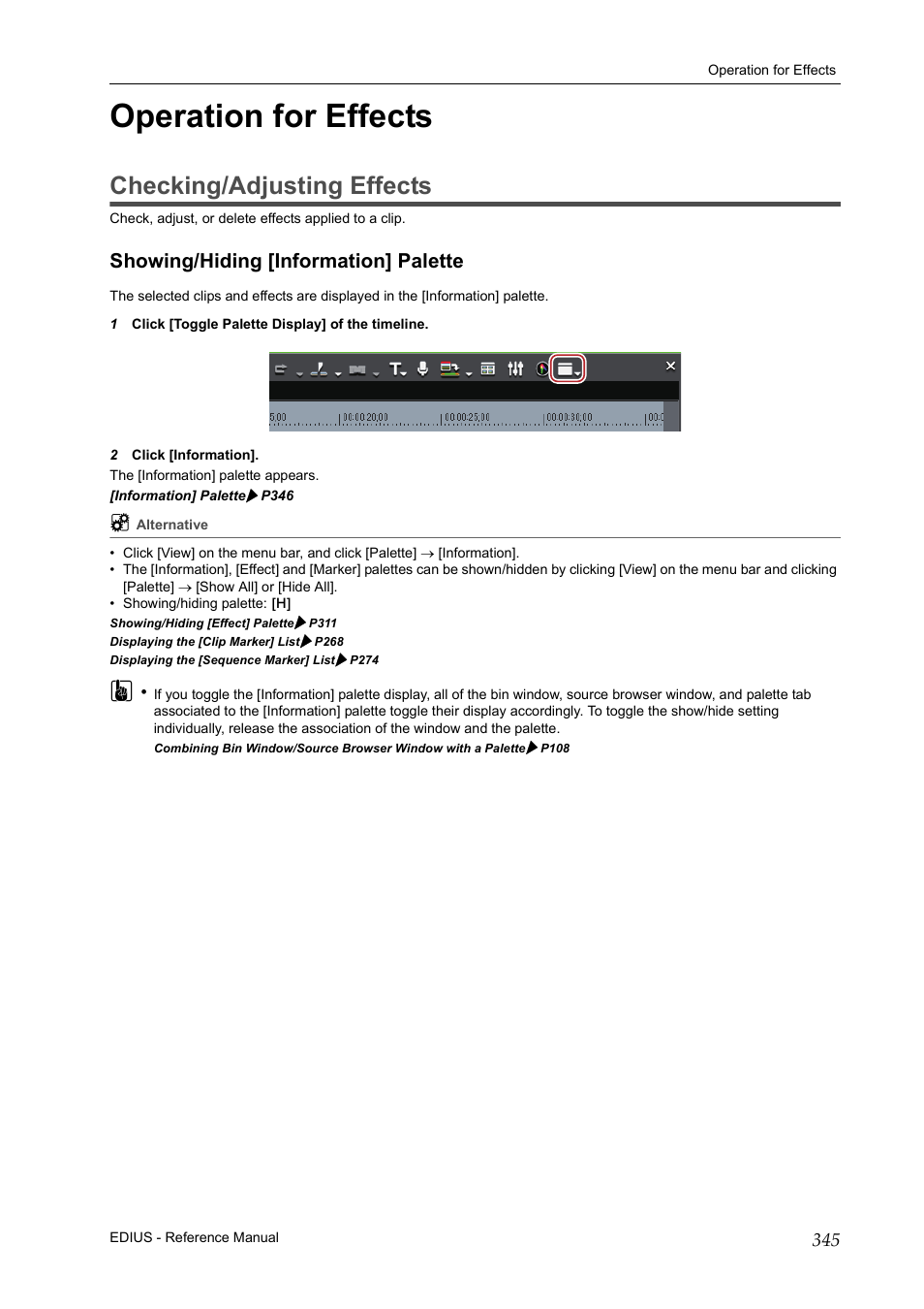 Operation for effects, Checking/adjusting effects, Showing/hiding [information] palette | P345 | Grass Valley EDIUS Pro v.7.20 User Manual | Page 367 / 520