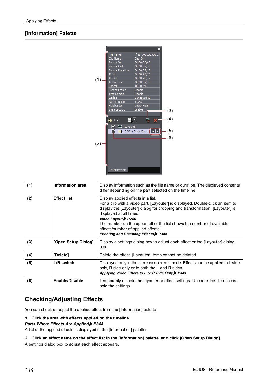 Information] palette, Checking/adjusting effects, P346 | Grass Valley EDIUS Pro v.7.20 User Manual | Page 368 / 520