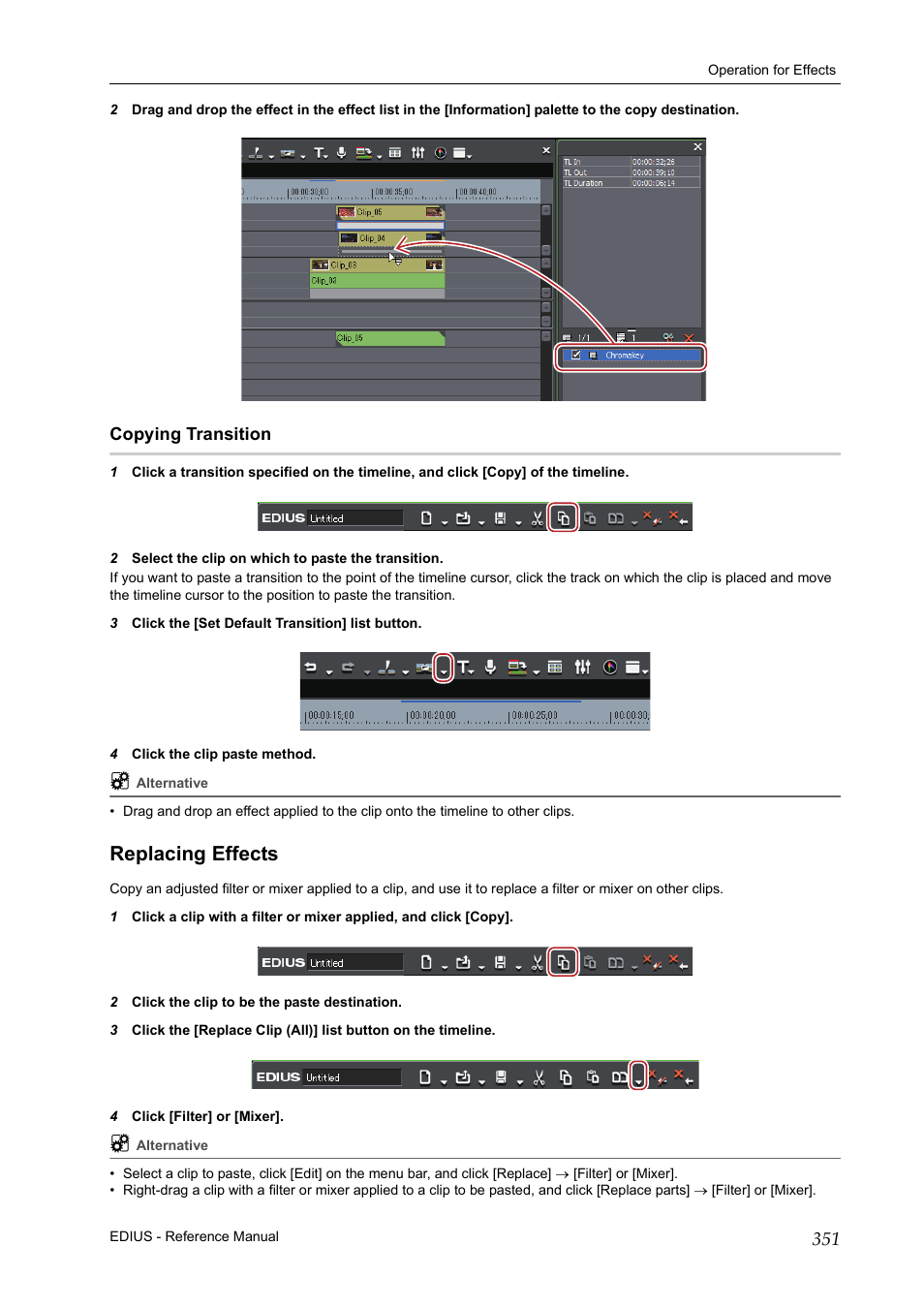 Copying transition, Replacing effects | Grass Valley EDIUS Pro v.7.20 User Manual | Page 373 / 520
