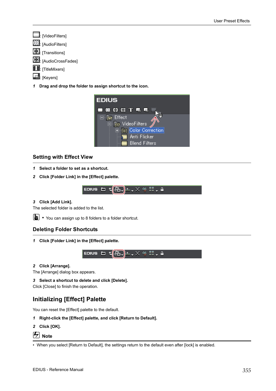 Setting with effect view, Deleting folder shortcuts, Initializing [effect] palette | Grass Valley EDIUS Pro v.7.20 User Manual | Page 377 / 520