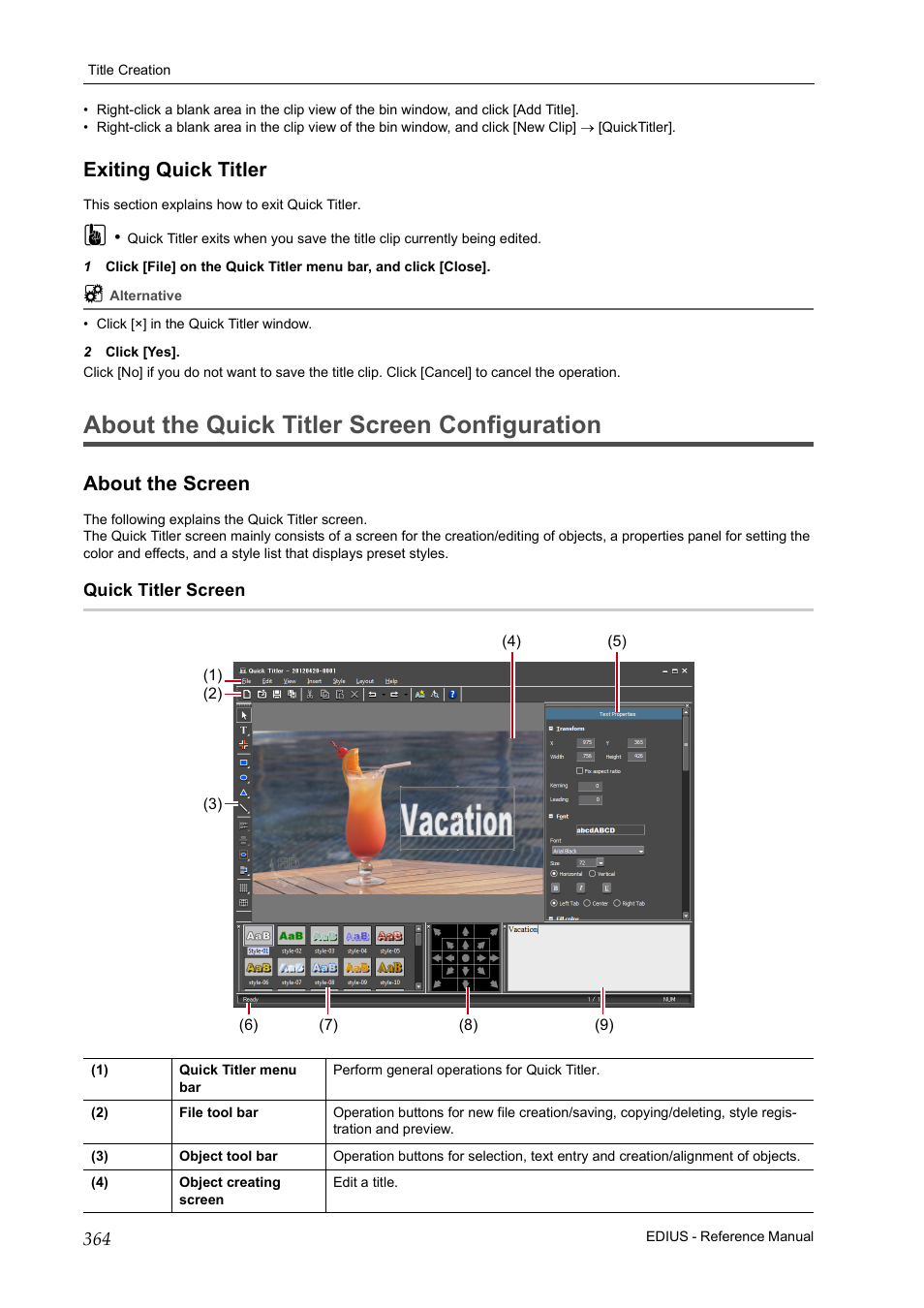 Exiting quick titler, About the quick titler screen configuration, About the screen | Quick titler screen, Abou | Grass Valley EDIUS Pro v.7.20 User Manual | Page 386 / 520