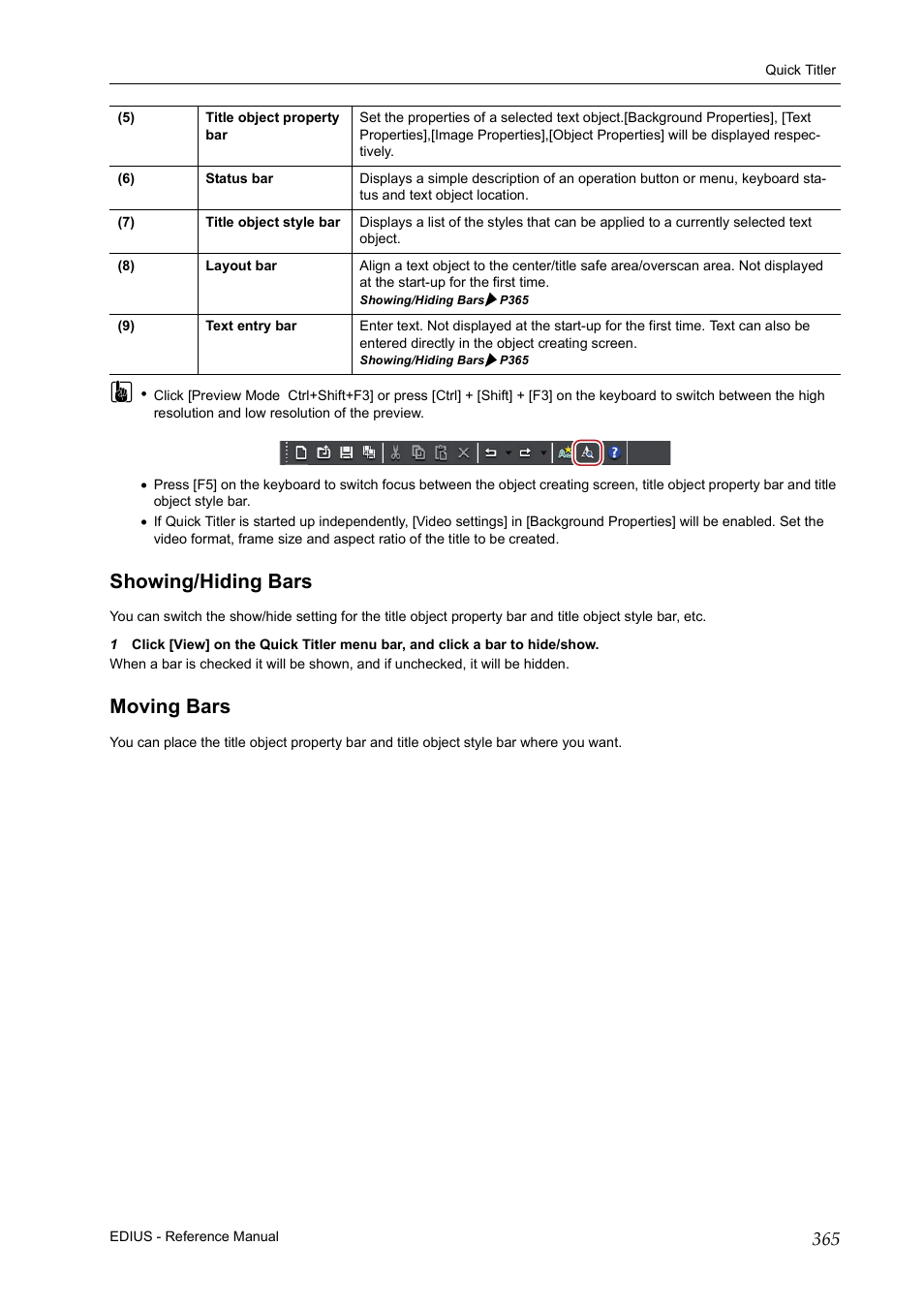 Showing/hiding bars, Moving bars, Showing/hiding bars moving bars | Grass Valley EDIUS Pro v.7.20 User Manual | Page 387 / 520