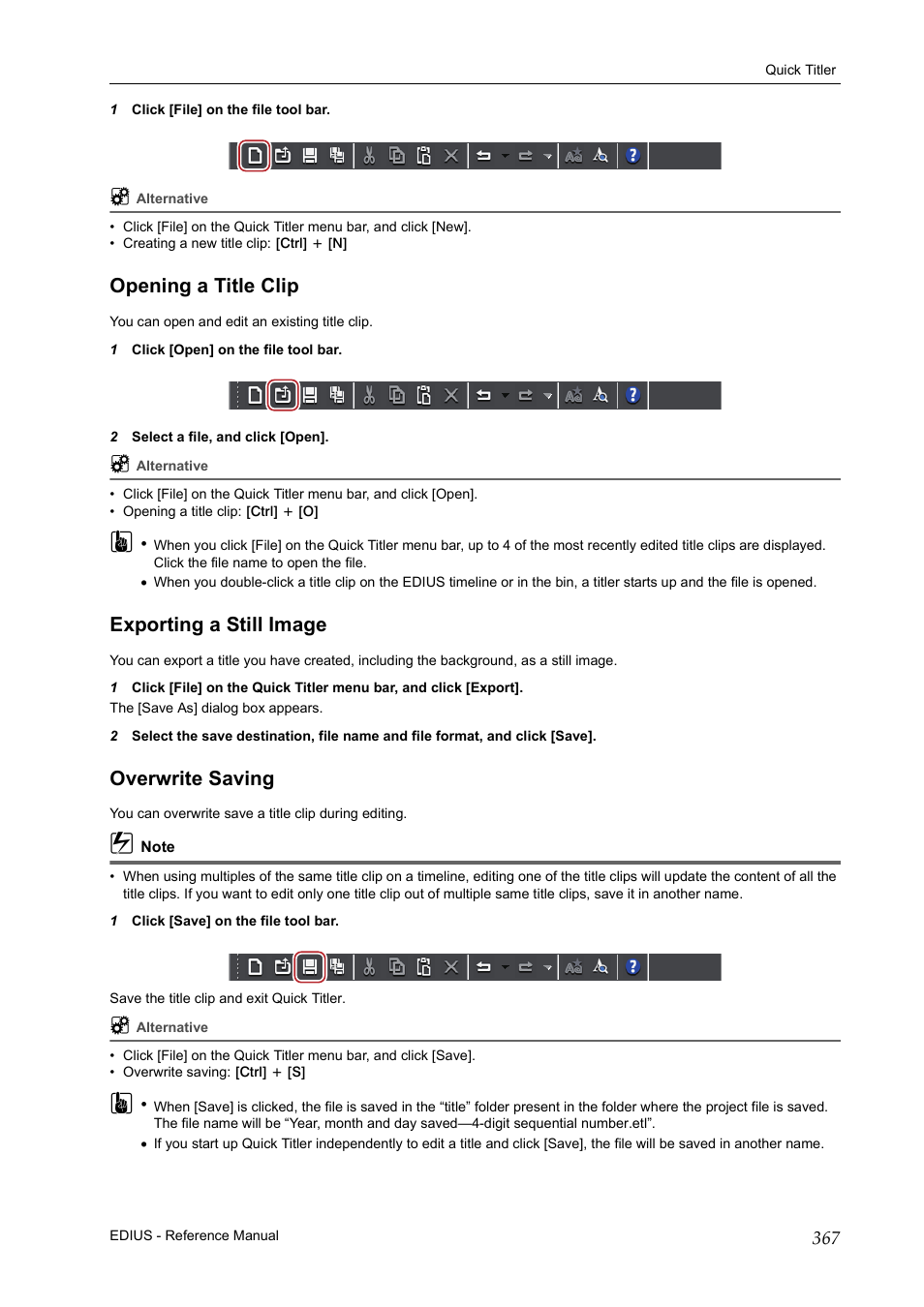 Opening a title clip, Exporting a still image, Overwrite saving | Grass Valley EDIUS Pro v.7.20 User Manual | Page 389 / 520