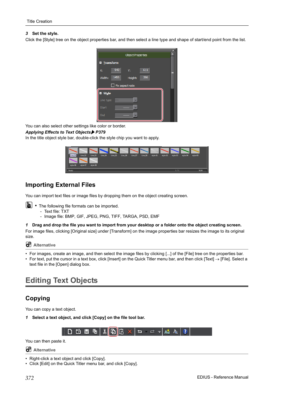 Importing external files, Editing text objects, Copying | Edit | Grass Valley EDIUS Pro v.7.20 User Manual | Page 394 / 520