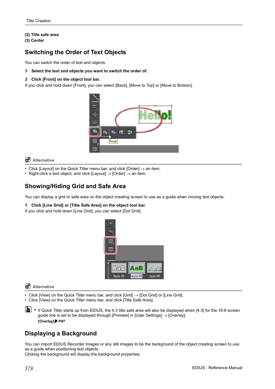 Switching the order of text objects, Showing/hiding grid and safe area, Displaying a background | Grass Valley EDIUS Pro v.7.20 User Manual | Page 400 / 520
