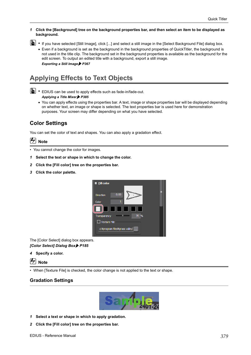 Applying effects to text objects, Color settings, Gradation settings | Appl, Applying effects to text objects 3 | Grass Valley EDIUS Pro v.7.20 User Manual | Page 401 / 520