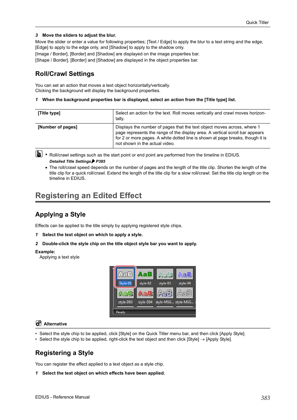 Roll/crawl settings, Registering an edited effect, Applying a style | Registering a style, Applying a style registering a style | Grass Valley EDIUS Pro v.7.20 User Manual | Page 405 / 520