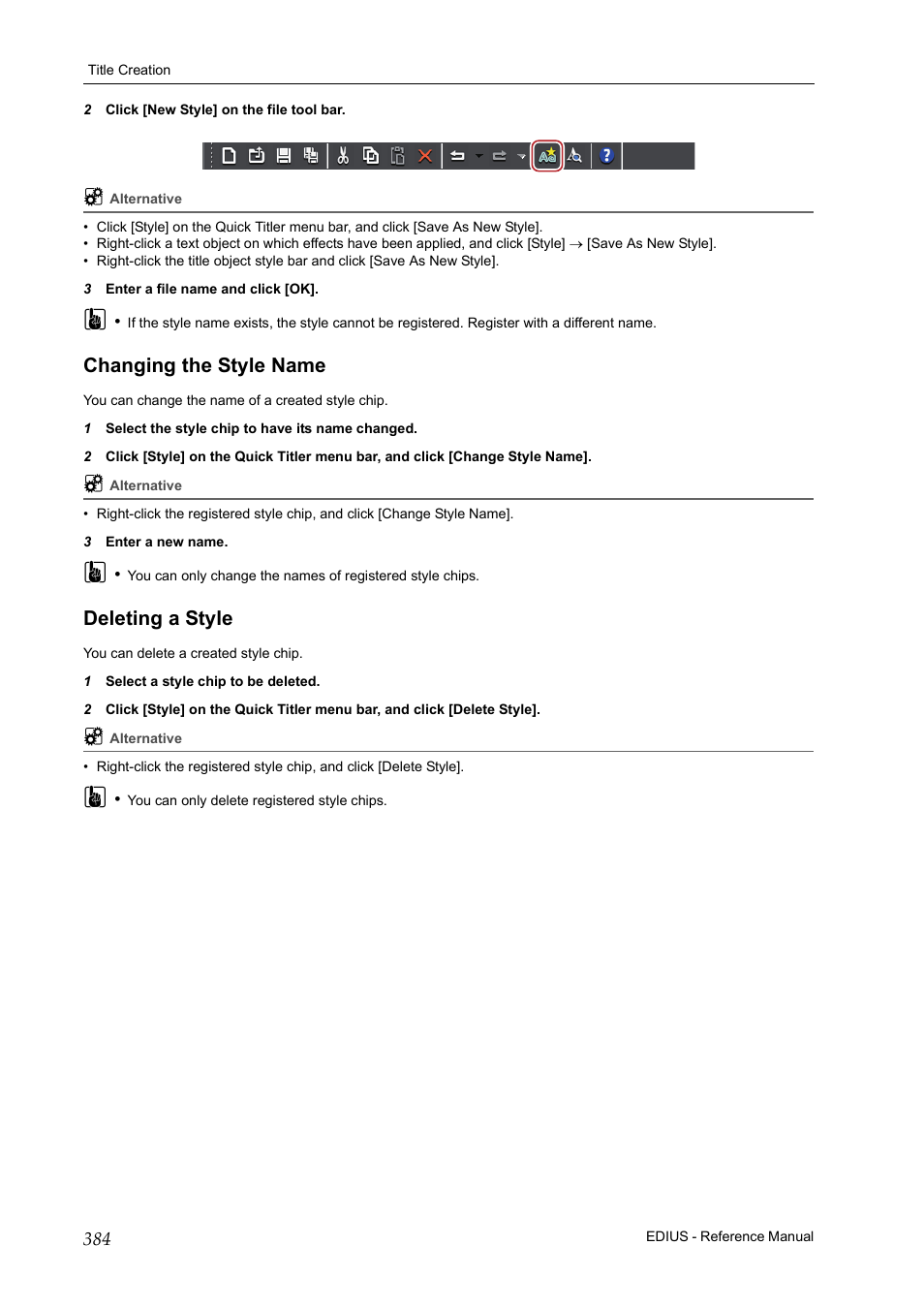 Changing the style name, Deleting a style, Changing the style name deleting a style | Grass Valley EDIUS Pro v.7.20 User Manual | Page 406 / 520