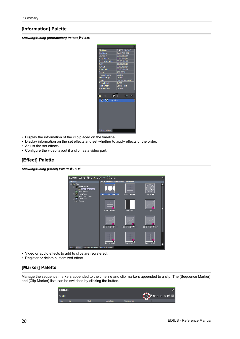 Information] palette, Effect] palette, Marker] palette | Grass Valley EDIUS Pro v.7.20 User Manual | Page 42 / 520