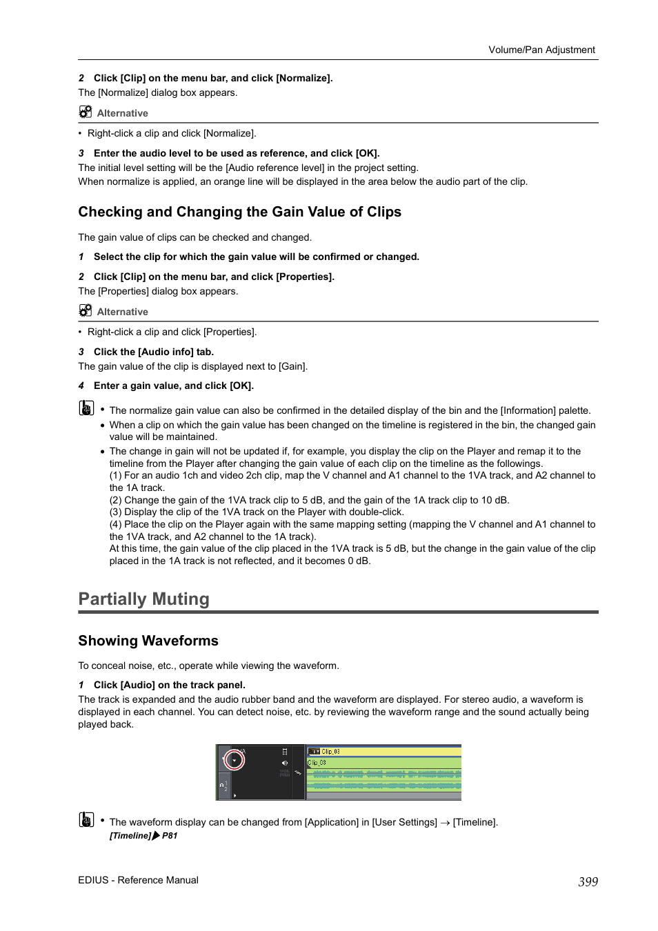 Checking and changing the gain value of clips, Partially muting, Showing waveforms | P399 | Grass Valley EDIUS Pro v.7.20 User Manual | Page 421 / 520