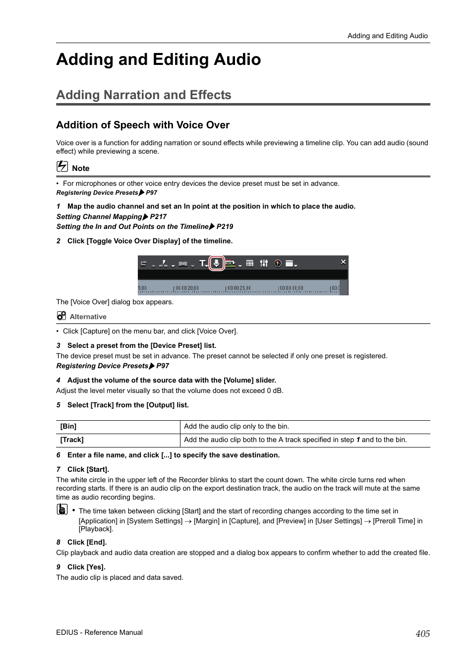 Adding and editing audio, Adding narration and effects, Addition of speech with voice over | P405 | Grass Valley EDIUS Pro v.7.20 User Manual | Page 427 / 520