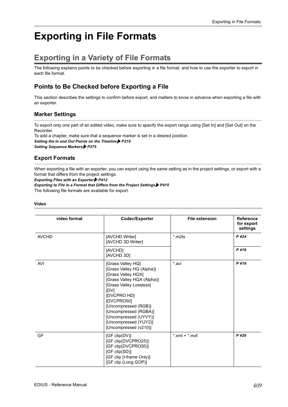 Exporting in file formats, Exporting in a variety of file formats, Points to be checked before exporting a file | Marker settings, Export formats, P409 | Grass Valley EDIUS Pro v.7.20 User Manual | Page 431 / 520
