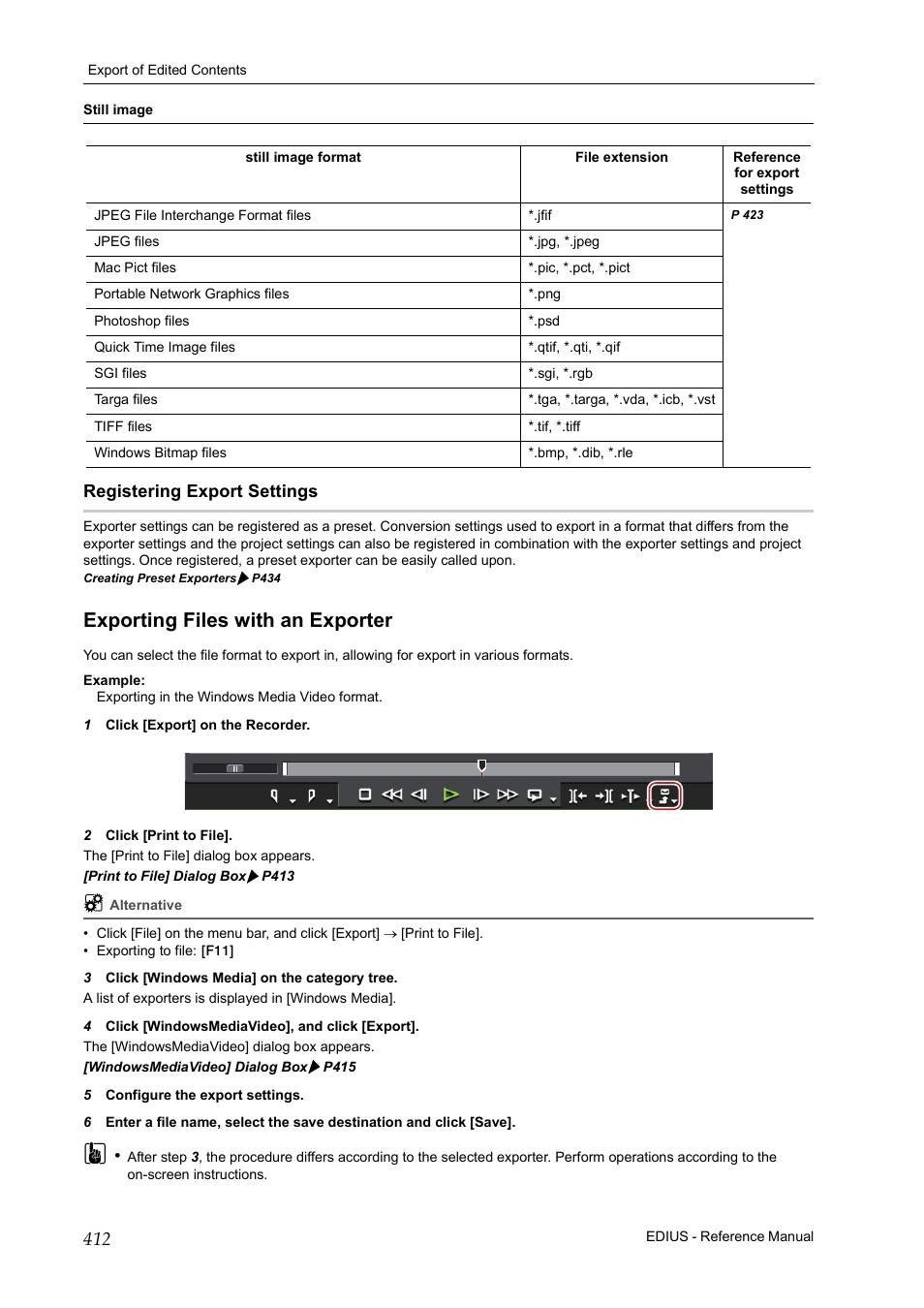 Registering export settings, Exporting files with an exporter, P412 | P 412 | Grass Valley EDIUS Pro v.7.20 User Manual | Page 434 / 520